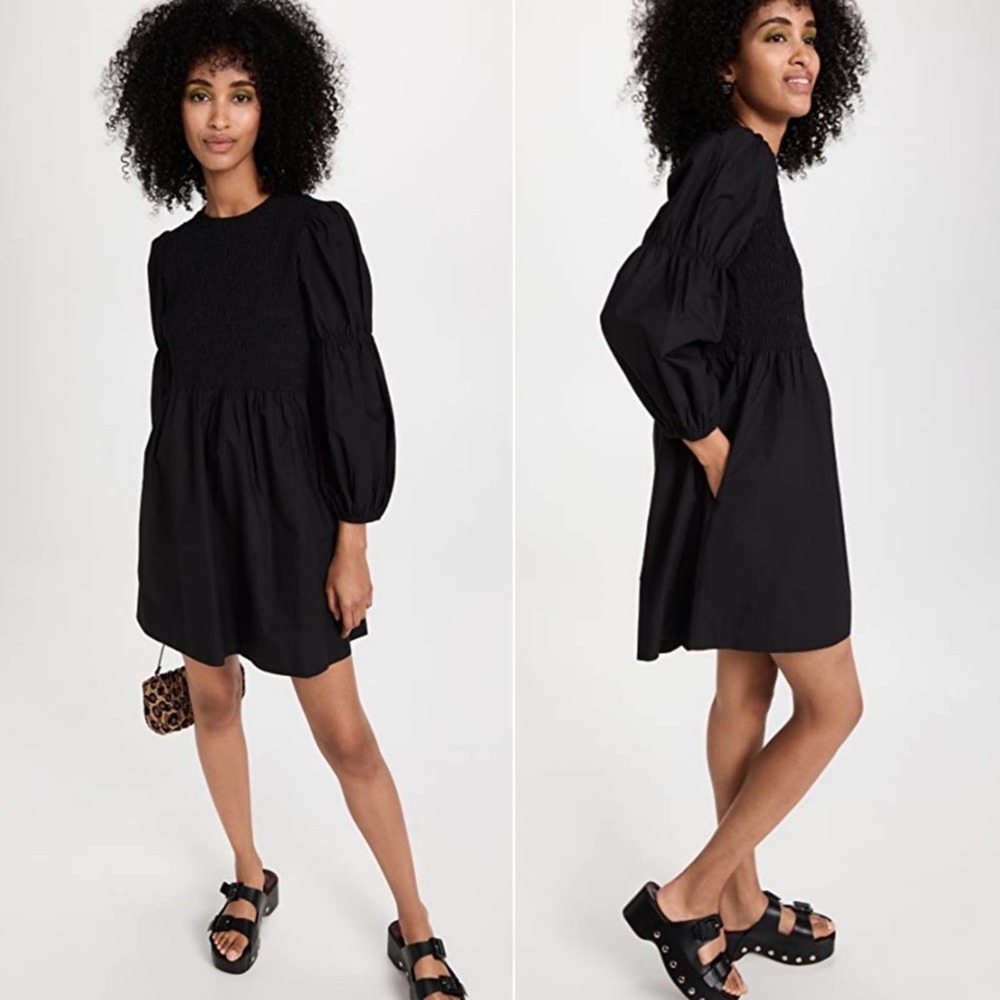 Ganni Black A-Line Puff Sleeve Mini Dress - Picture 2 of 14